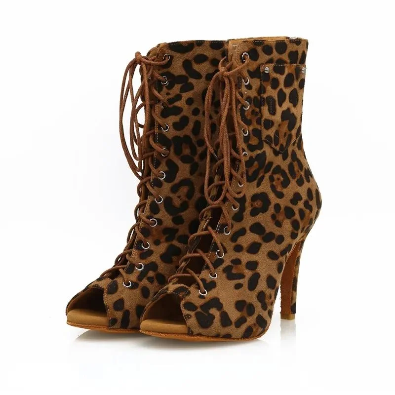 Women's Leopard 9.5cm Heel Peep Toe Jazz Shoes Dance Boots