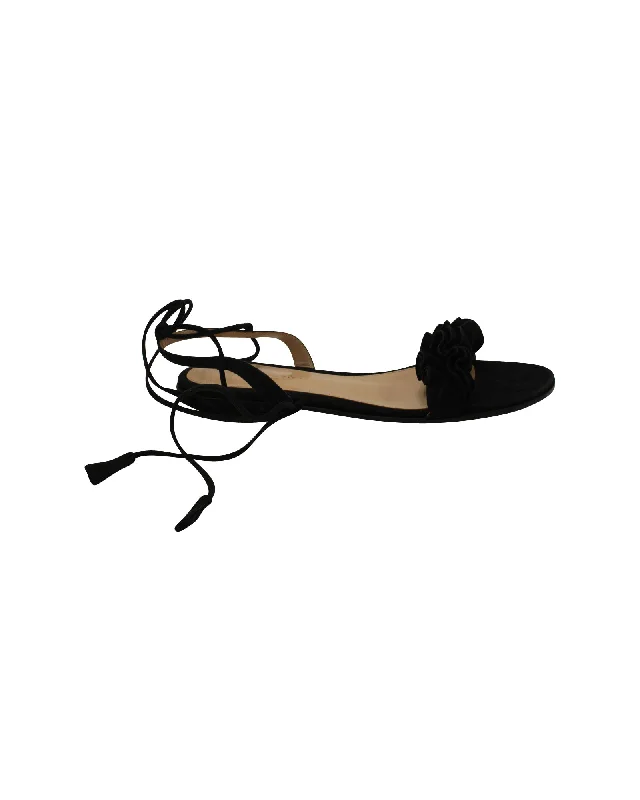 Gianvito Rossi Ruffle Lace Up Sandals in Black Suede