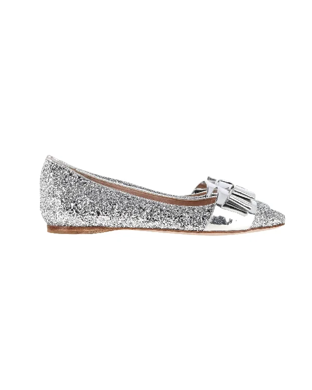 Miu Miu Bow Detail Ballet Flats in Silver Glitter