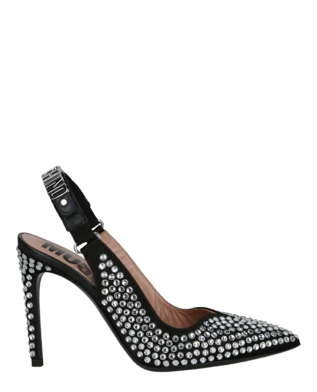 Moschino Womens Crystal Embellished Satin Slingback Pumps