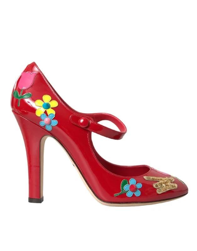 Dolce & Gabbana Red Leather Embellished Mary Jane Pumps Heels Women's Shoes