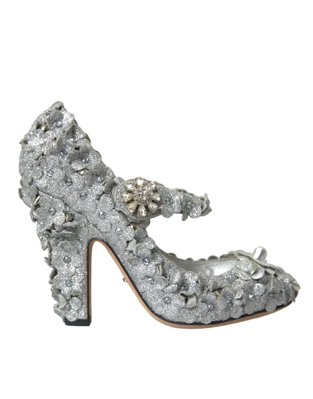 Dolce & Gabbana Silver Floral Crystal Mary Jane Pumps Women's Shoes