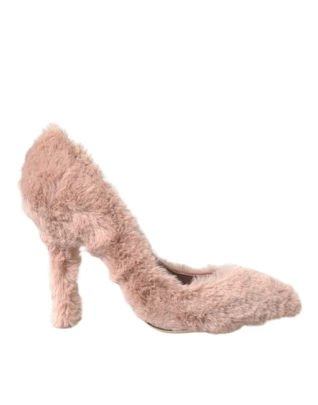 Dolce & Gabbana Light Pink Faux Fur Heels Pumps Women's Shoes