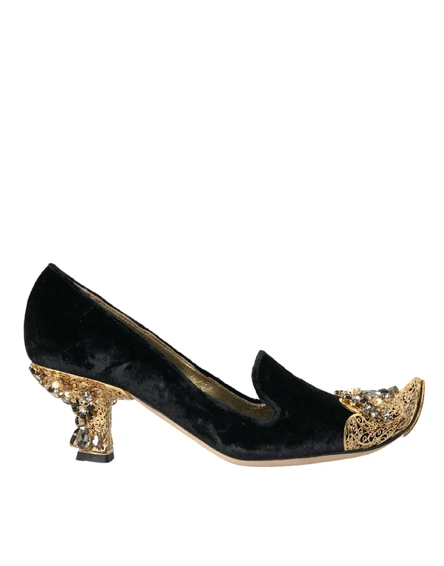 Dolce & Gabbana Black Velvet Embellished Heels Pumps Women's Shoes