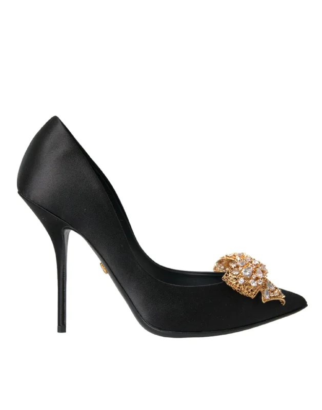 Dolce & Gabbana Black Satin Bow Embellished Heels Pumps Women's Shoes