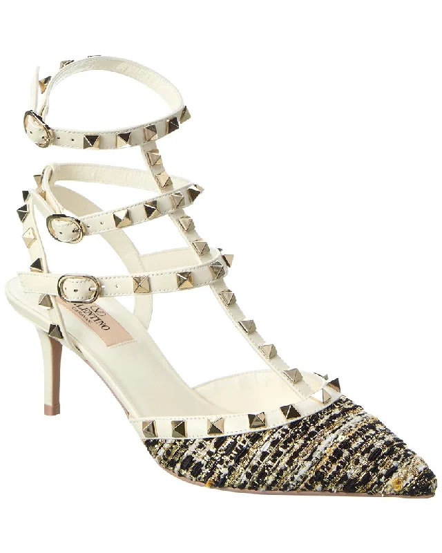 Valentino Rockstud Caged 65 Tweed & Leather Ankle Strap Pump